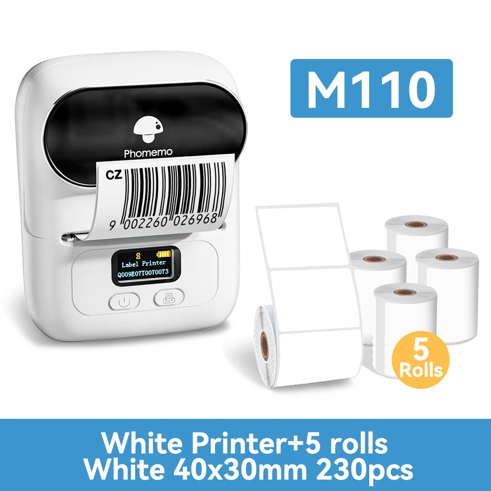 Phomemo M110 Mini Portable Thermal Printer Self-adhesive Label Printer For 3/5/10 rolss Stickers Label Maker Printer Without Ink