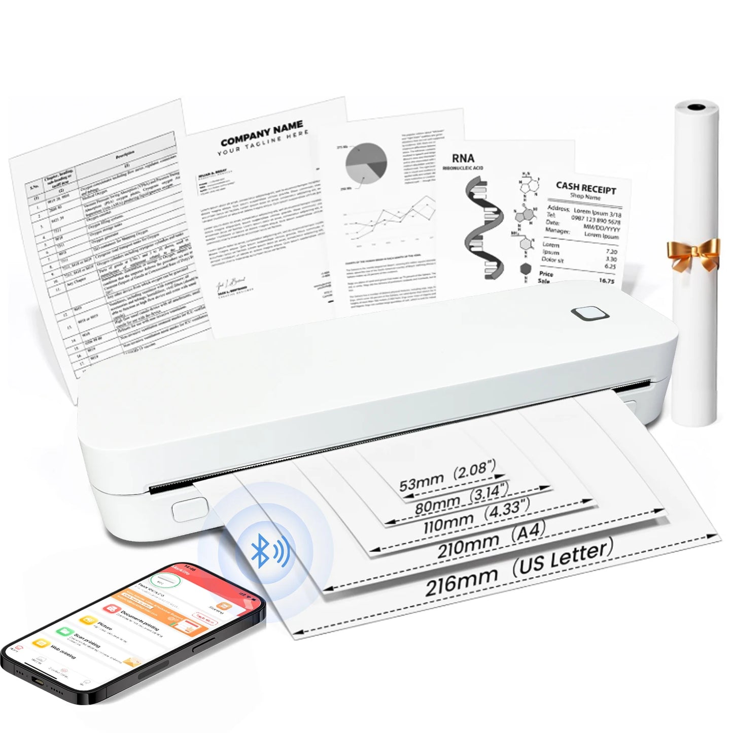 Bluetooth Thermal Inkless Printer A4 Maker Wireless Mobile Travel Printer Tattoo Paper Compatible with iPhone Android Mac Window