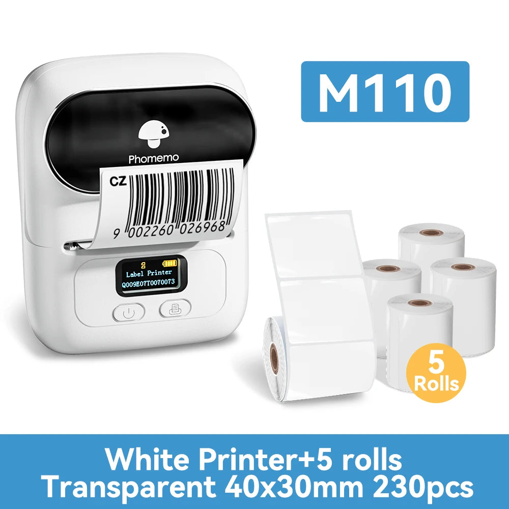 Phomemo M110 Mini Portable Thermal Printer Self-adhesive Label Printer For 3/5/10 rolss Stickers Label Maker Printer Without Ink