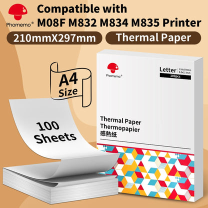 Phomemo A4 Thermal Printer Paper Letter Paper Quick-dry Continuous Paper Suitab for M832/M833/M834/M835 Portable Printer 2 Rolls