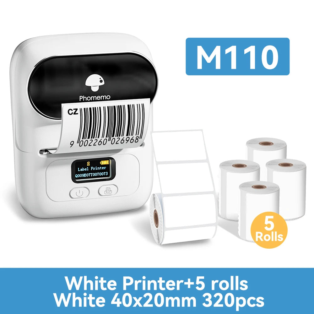 Phomemo M110 Mini Portable Thermal Printer Self-adhesive Label Printer For 3/5/10 rolss Stickers Label Maker Printer Without Ink