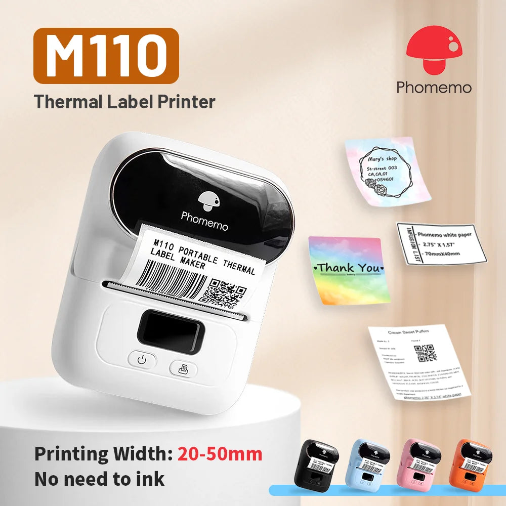 Phomemo M110 Mini Portable Thermal Printer Self-adhesive Label Printer For 3/5/10 rolss Stickers Label Maker Printer Without Ink